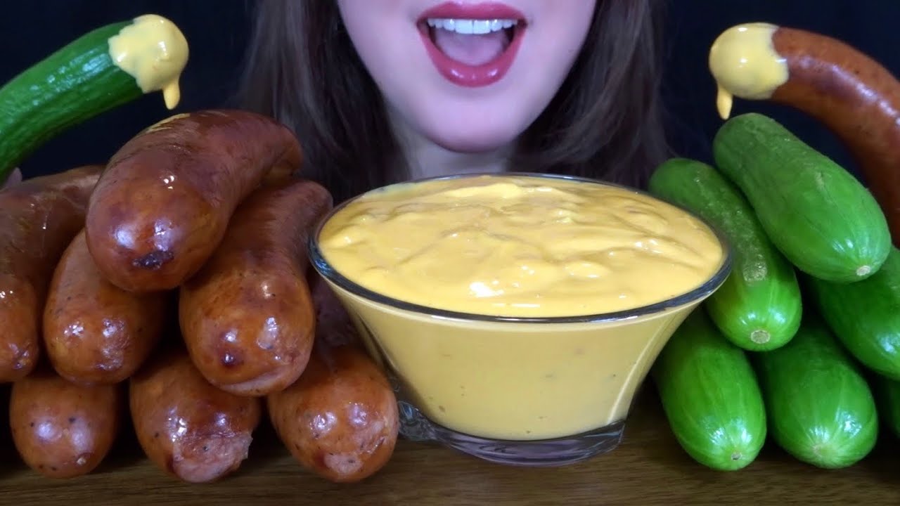 ASMR Sausage, Cucumbers, & SPICY CHEESE Sauce - EXTREMELY SATISFYING Eating Sounds!
