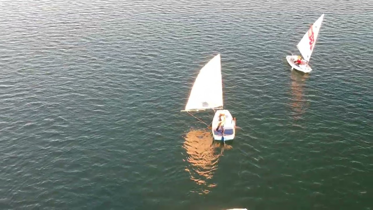 Sabot Practice Downwind, Gybing stopping spinning on whistle, one leeward mark, light wind, uncut 1