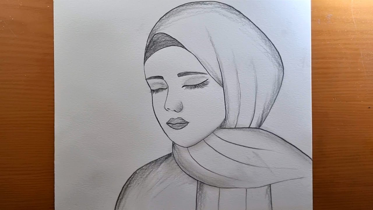 Dessin d'une fille en hijab, dessin au crayon d'une fille en hijab, comment dessiner une fille