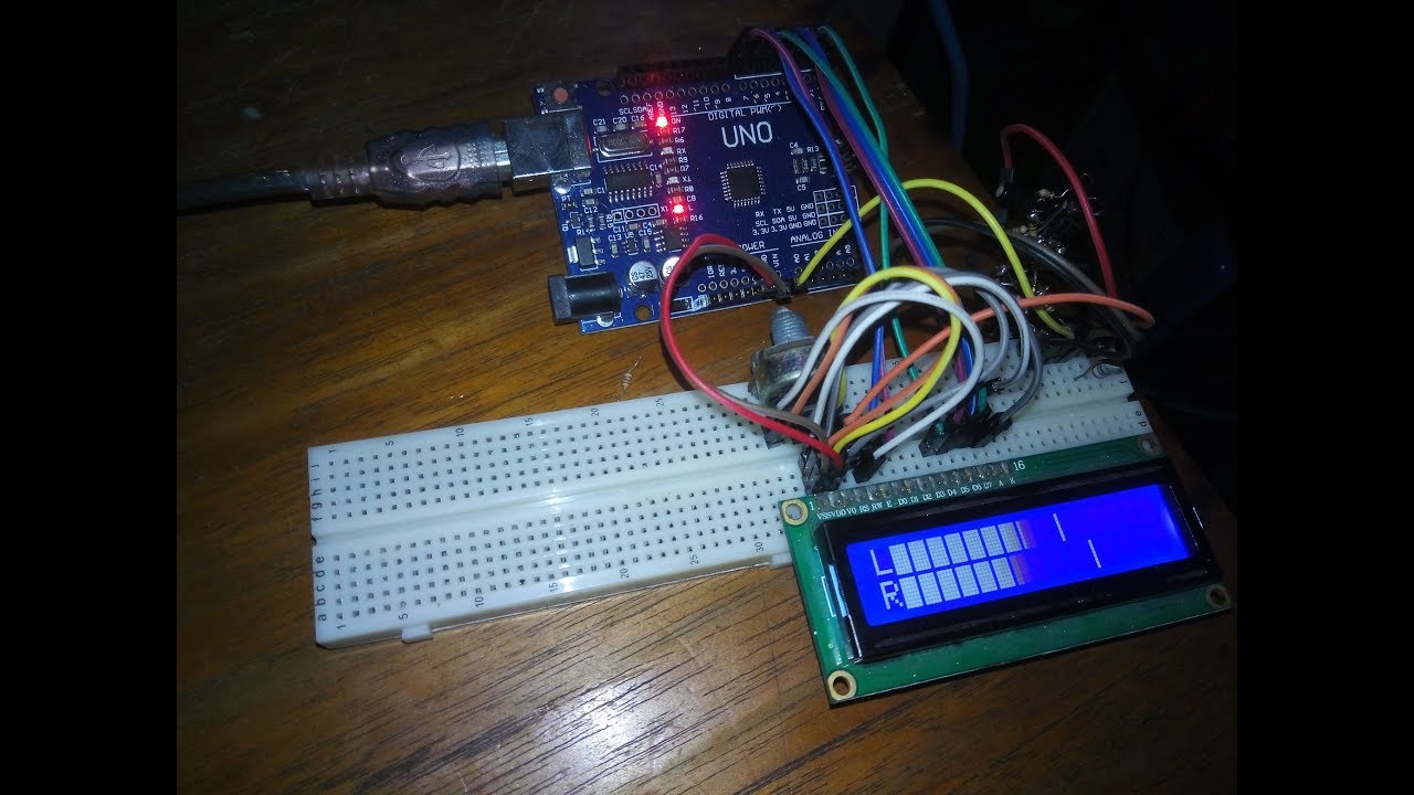 Stereo VU meter with peak hold menggunakan arduino dan LCD 2x16