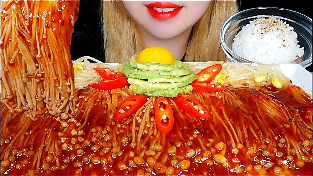 ASMR SPICY ENOKI MUSHROOMS Mukbang Eating sounds