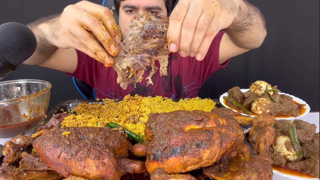 ASMR; Eating Spicy Mutton Chops Biryani+Spicy Two Whole Chicken+Spicy Mutton & Eggs Curry Mukbang
