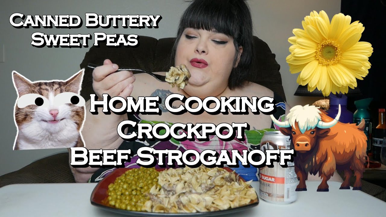 Home Cooking Crockpot Beef Stroganoff with Canned Buttery Sweet Peas Mukbang Eating Show