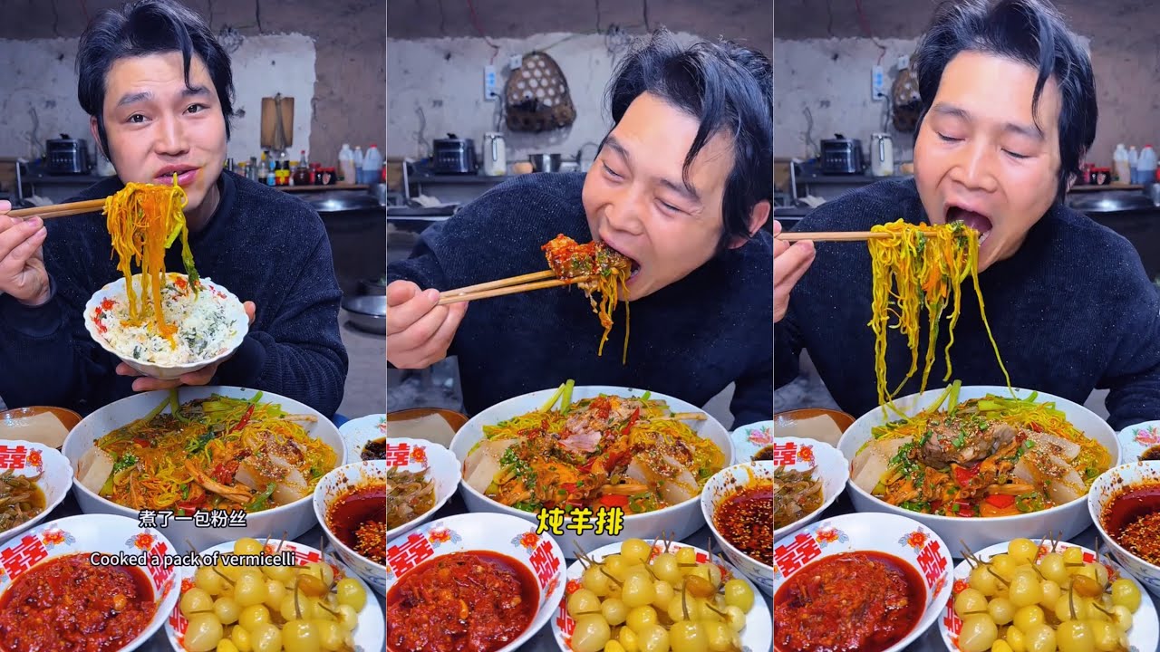 Massive Bowl of Spicy Chinese Stir-Fried Noodles with Pork | Mukbang