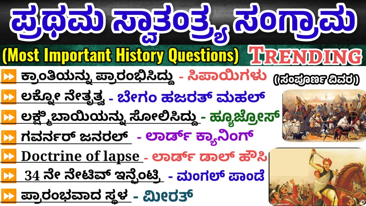 ಪ್ರಥಮ ಸ್ವತಂತ್ರ ಸಂಗ್ರಾಮ|1857 ರ ಕ್ರಾಂತಿ|ಪ್ರಥಮ ಸ್ವಾತಂತ್ರ್ಯ ಸಂಗ್ರಾಮ ಪ್ರಮುಖ ಪ್ರಶ್ನೆಗಳು 