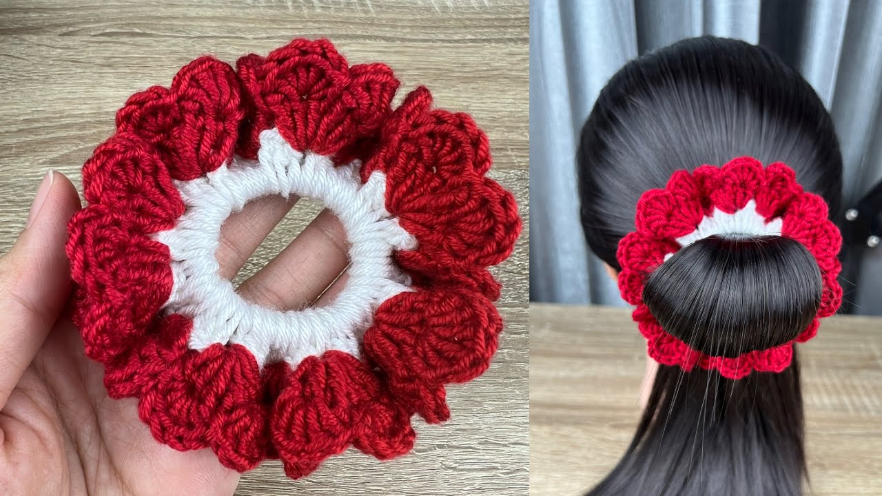 Very Cute !!! Crochet Love Heart Scrunchies . Crochet Scrunchies Tutorial.
