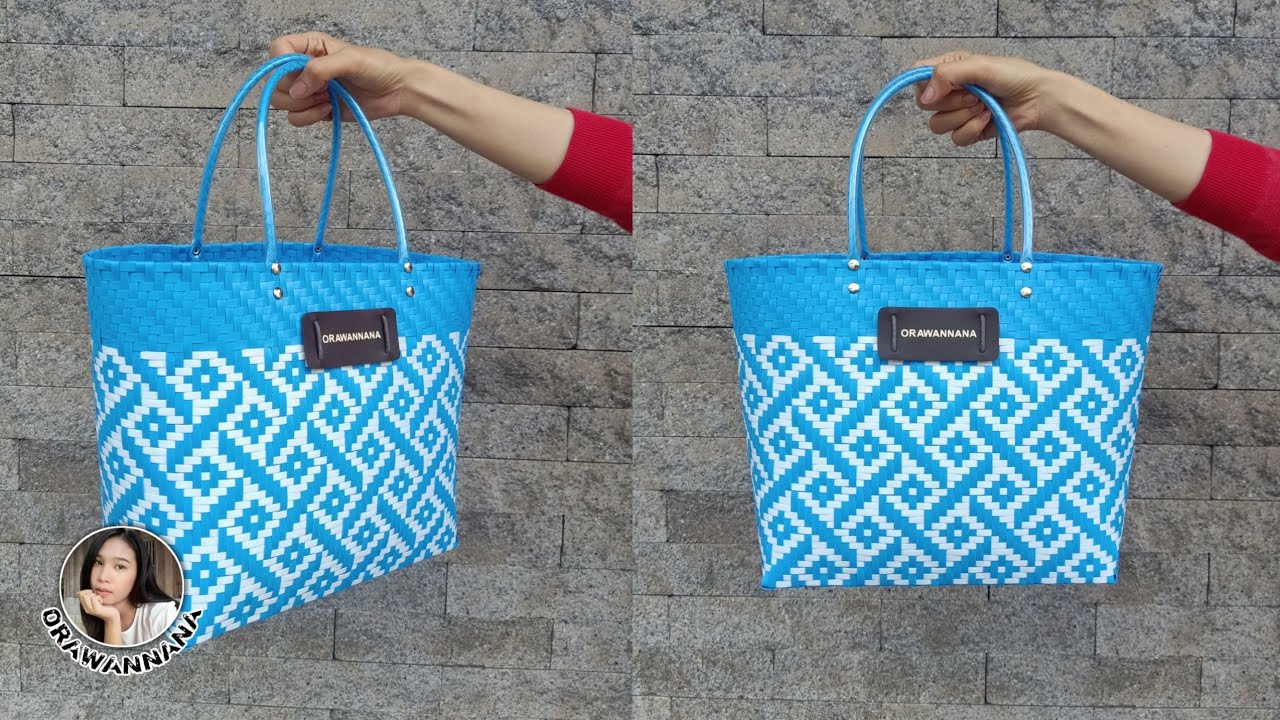 Bag making tutorial, Thai pattern / วิธีสานกระเป๋าจากเส้นพลาสติก สีฟ้า - ขาว