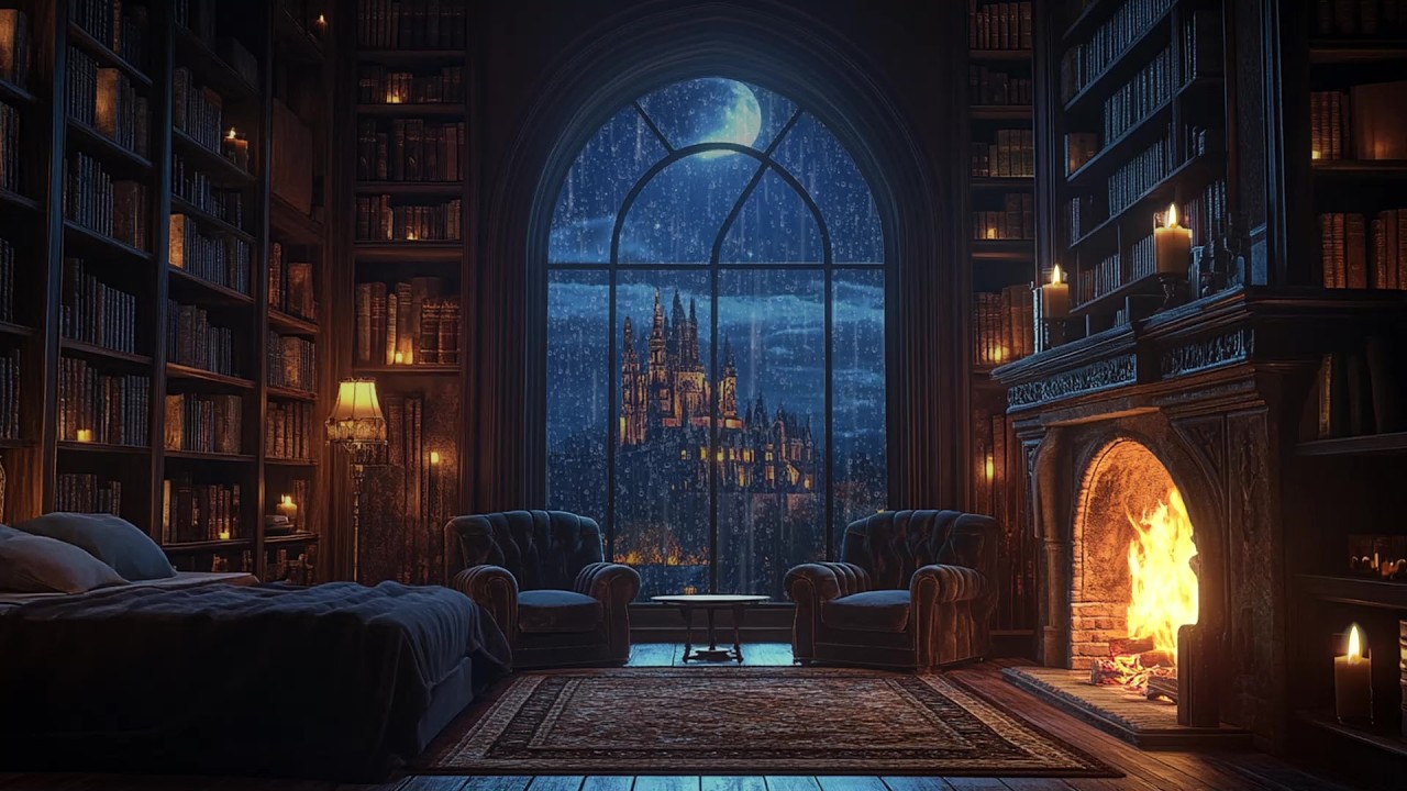 🌙 Rainy Night Outside a Cozy Castle-View Bedroom | Window Raindrops Ambience | Relax & Focus