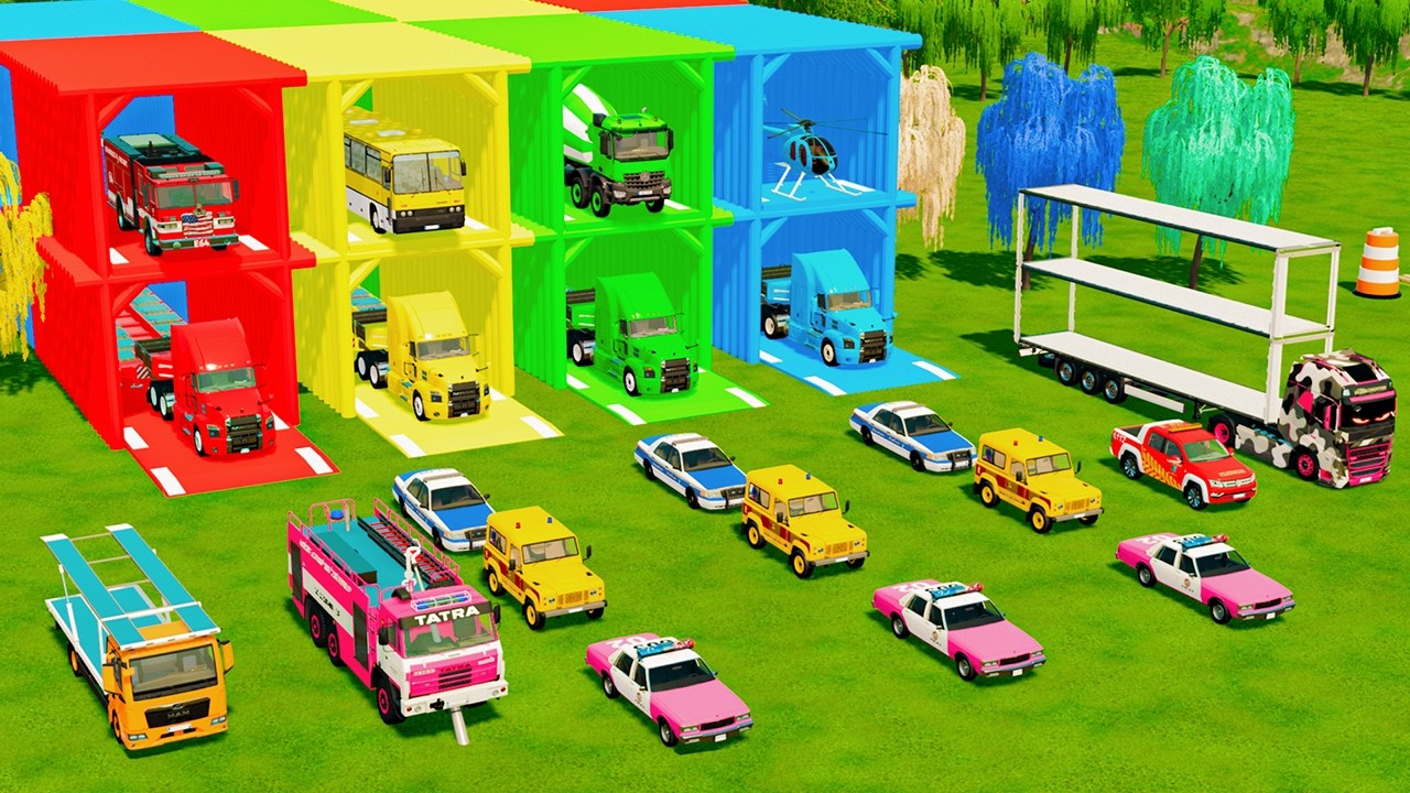 ALL POLICE CARS AND FIRE ENGINE, CONCRETE MIXER TRUCK, HELICOPTER TRANSPORT TO GARAGE - FS22
