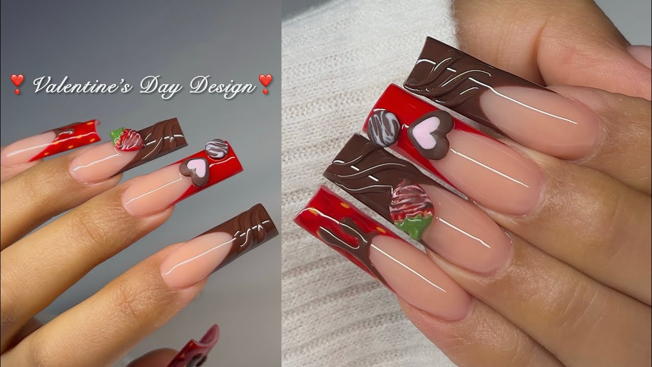 Strawberries & Chocolate Valentine’s Day Nail Design ~ Acrylic Nails Tutorial 