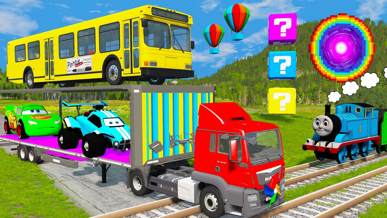 Flatbed Trailer Truck Rescue - Cars vs Rails and Train - Cars vs Massive Water Pit | BeamNG Drive