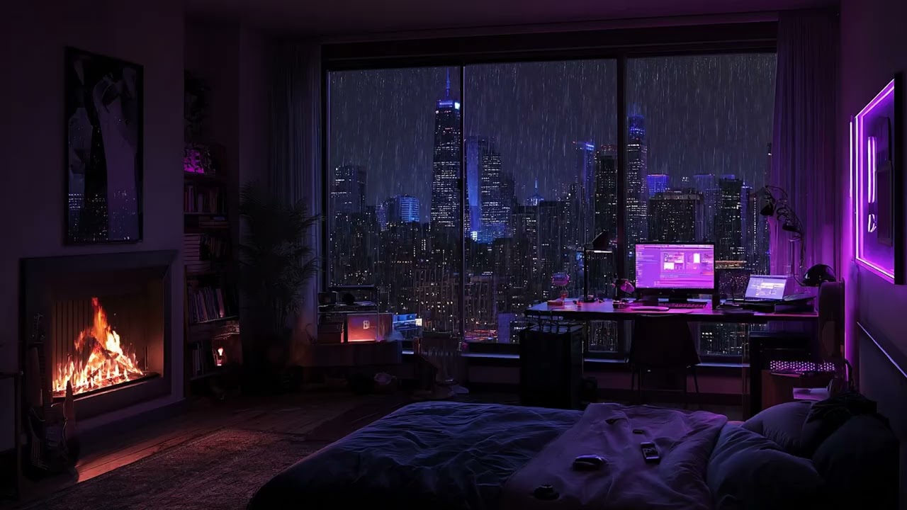 Rainy Night in a Luxury NYC Penthouse 🌧️ Cozy Fireplace & Soft Piano for Deep Sleep