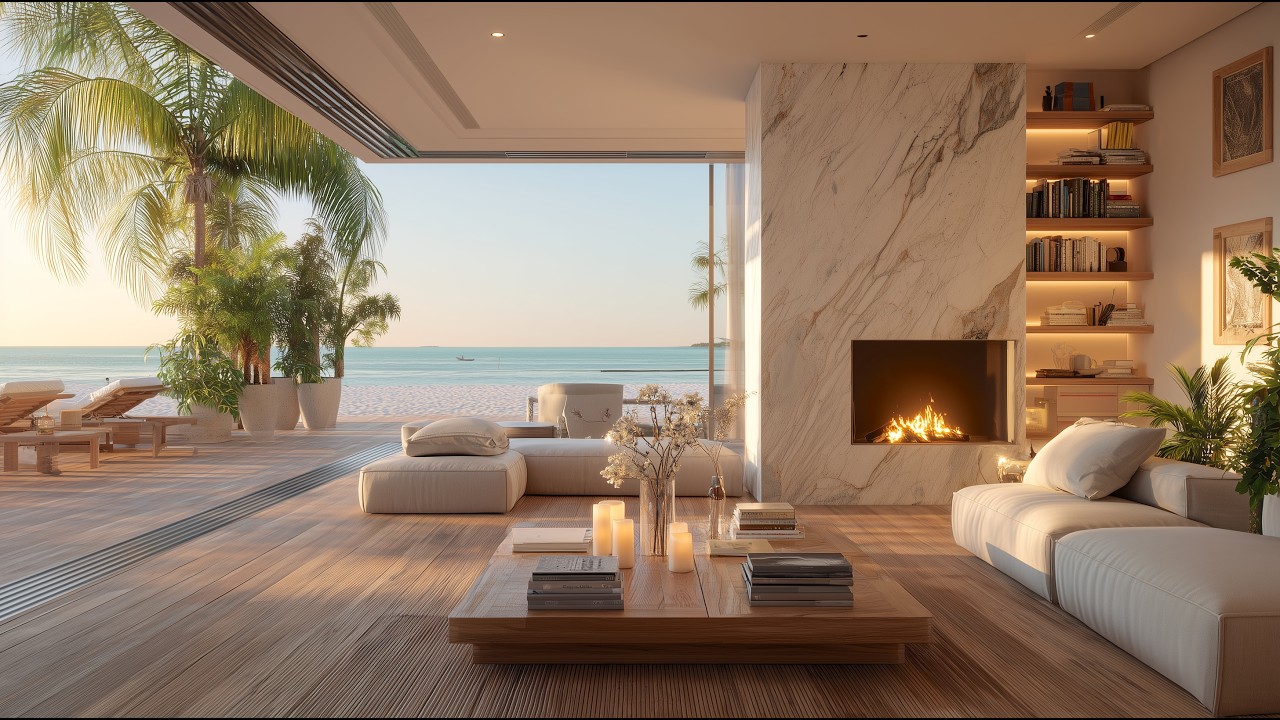 Morning Lounge Jazz for Deep Focus | Luxury Beachfront Fireplace Ambience