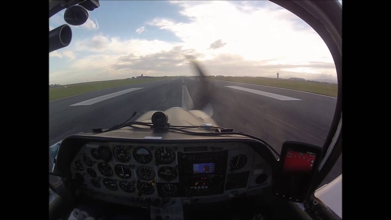 Scottish Aviation Bulldog landing at EGNS (Isle of Man), 28 Jul 2013, view from cockpit