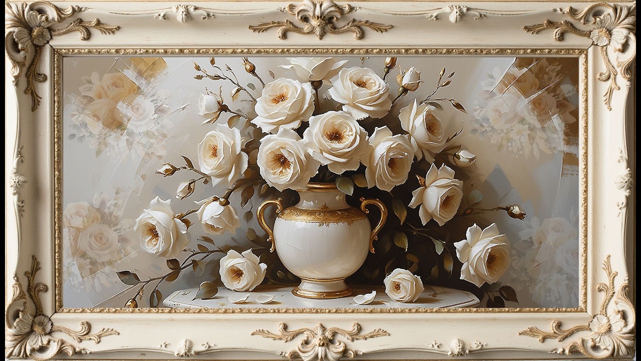 Framed TV Art  Ivory & Gold Roses Oil Painting Screensaver  Vintage Digital Wall Art (No Sound)