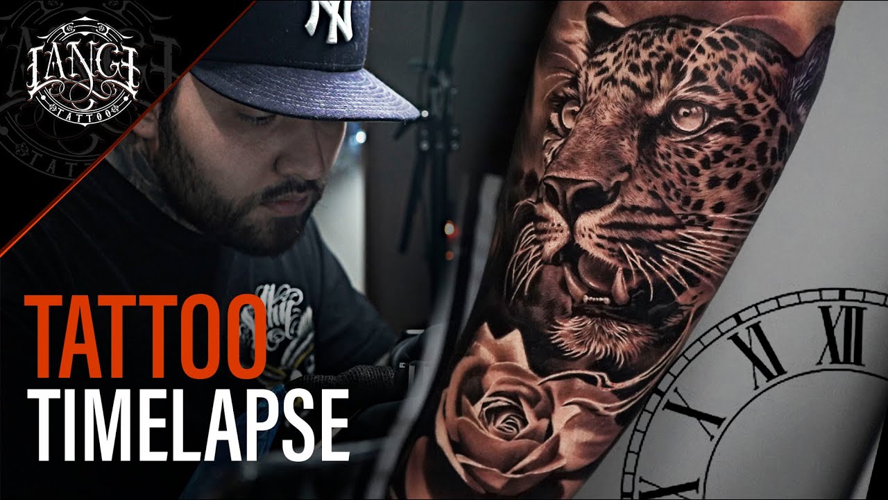 Tattoo Timelapse: Realism in Black and gray - Jaguar with rose