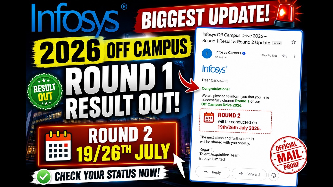 INFOSYS 2026 Off Campus Round 1 Result Out 🔥 Official Mail Proof | ROUND 2 DATE