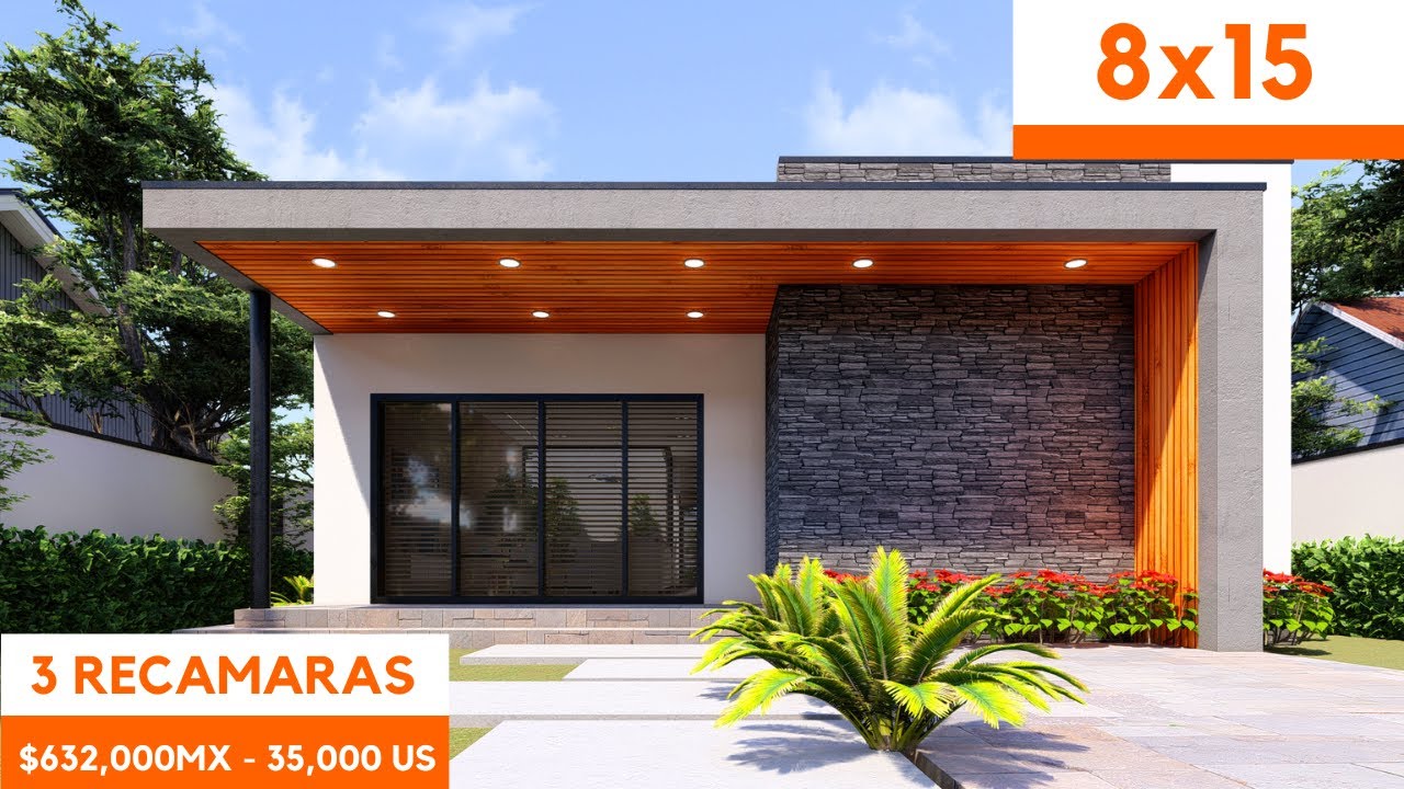 house design Plano de casa de un piso de 8x15 con 3 Recamaras home design