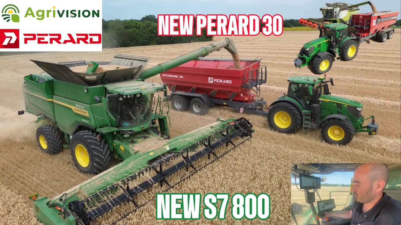 NEW JOHN DEERE S7 800 🟢🟡 + NEW PERARD INTERBENNE 30 🔴  Moisson de blé 🌾  Claas LEXION x2 🟢