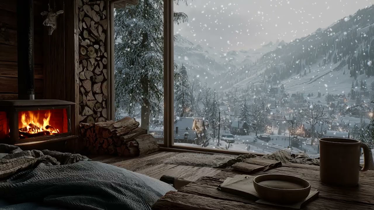Tranquil Snow Cabin After Dark | Cozy Fireplace and Quiet Snowfall for Relaxation