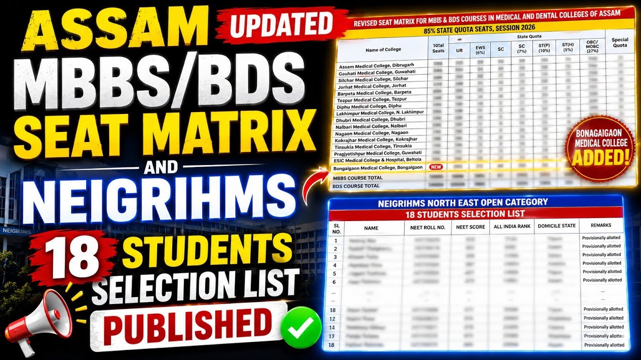 ASSAM MBBS/BDS SEAT MATRIX UPDATED! 🚨 NEIGRIHMS 18 STUDENTS SELECTION LIST PUBLISHED cutoff?😱