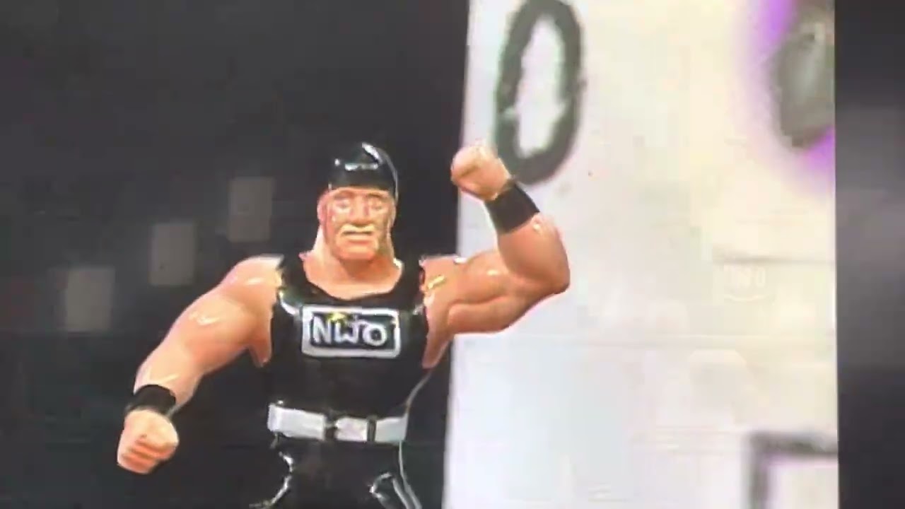 A Fan in the Audience shows off his WCW OSFTM Black & White nWo Hollywood Rubber Figure - Hulk Hogan