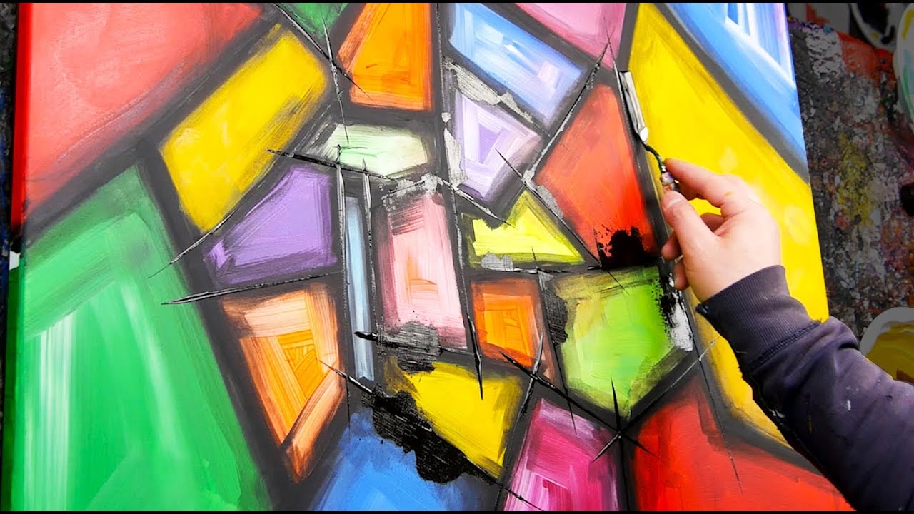 Abstract Painting Demo Acrylics using brush, knife - Reatch