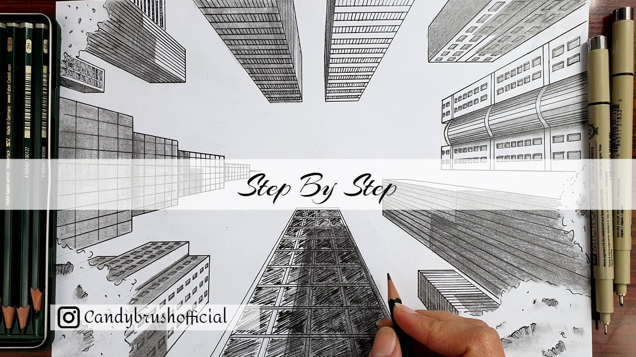How to Draw A City In One Point Perspective | Looking up | Step By Step