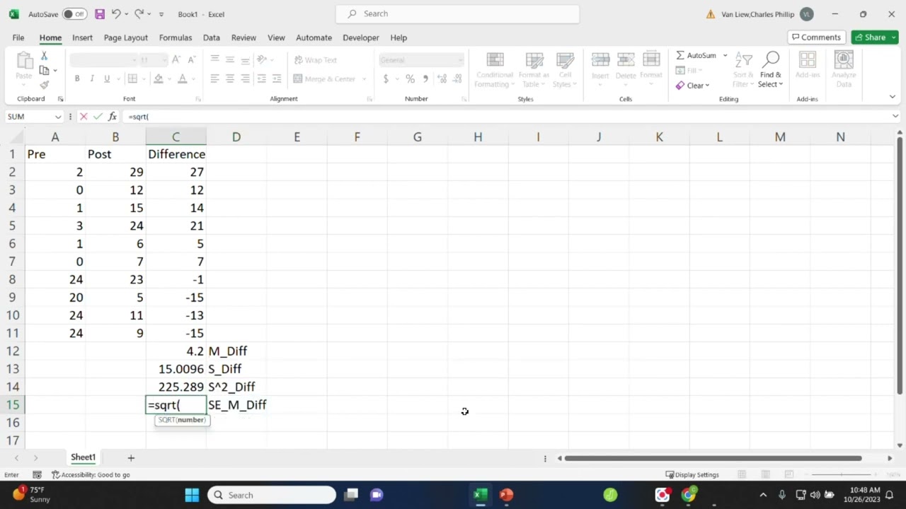 Related samples t test and Difference Scores