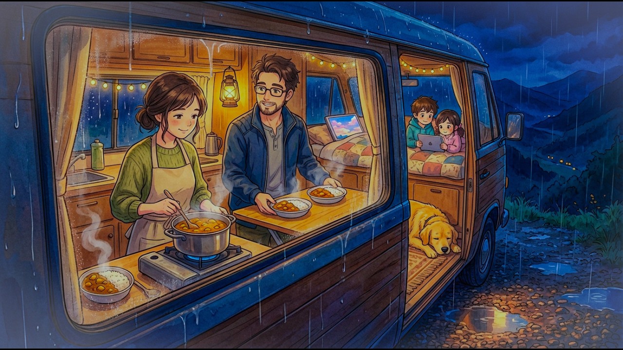 Peaceful Rainy Night in a Mountain Van | Cozy Ghibli-Style Cooking Anime ASMR
