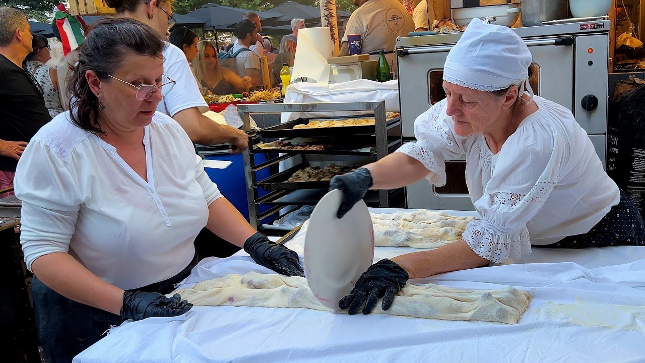Street food in Budapest, Hungary. Full cooking process of Hungarian strudel!