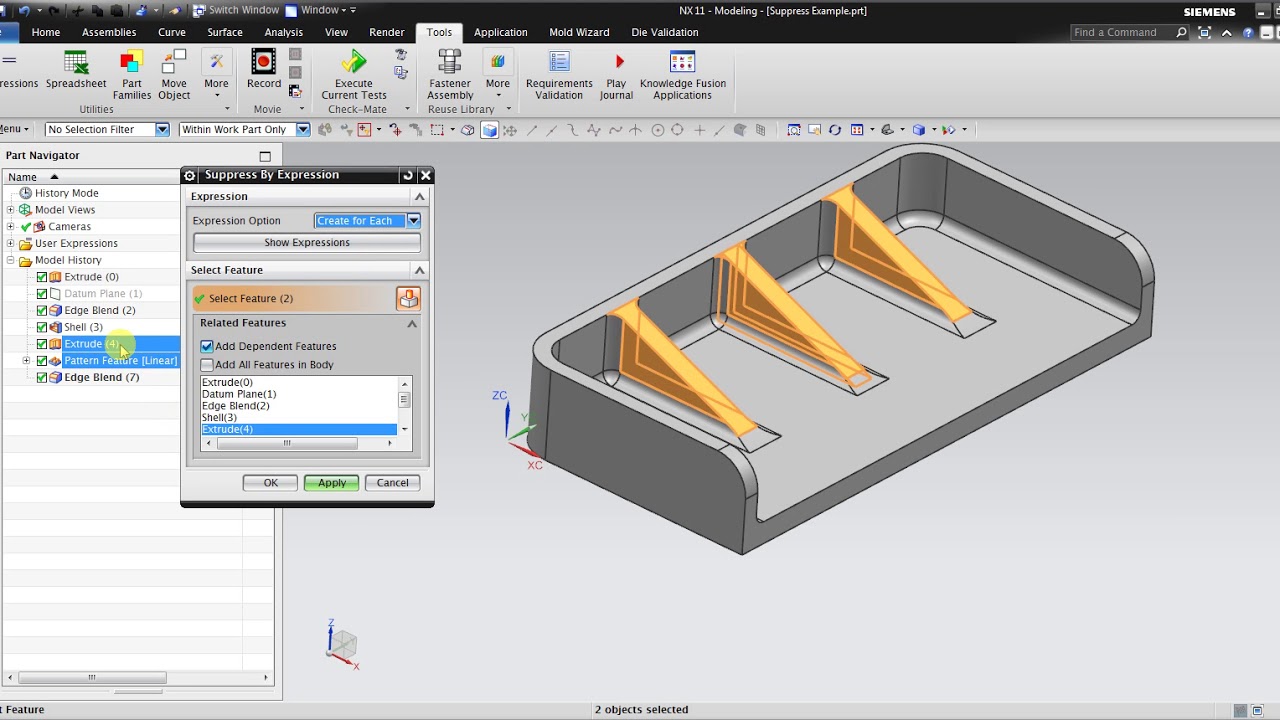 NX CAD Advanced : Suppress Feature Using Expression