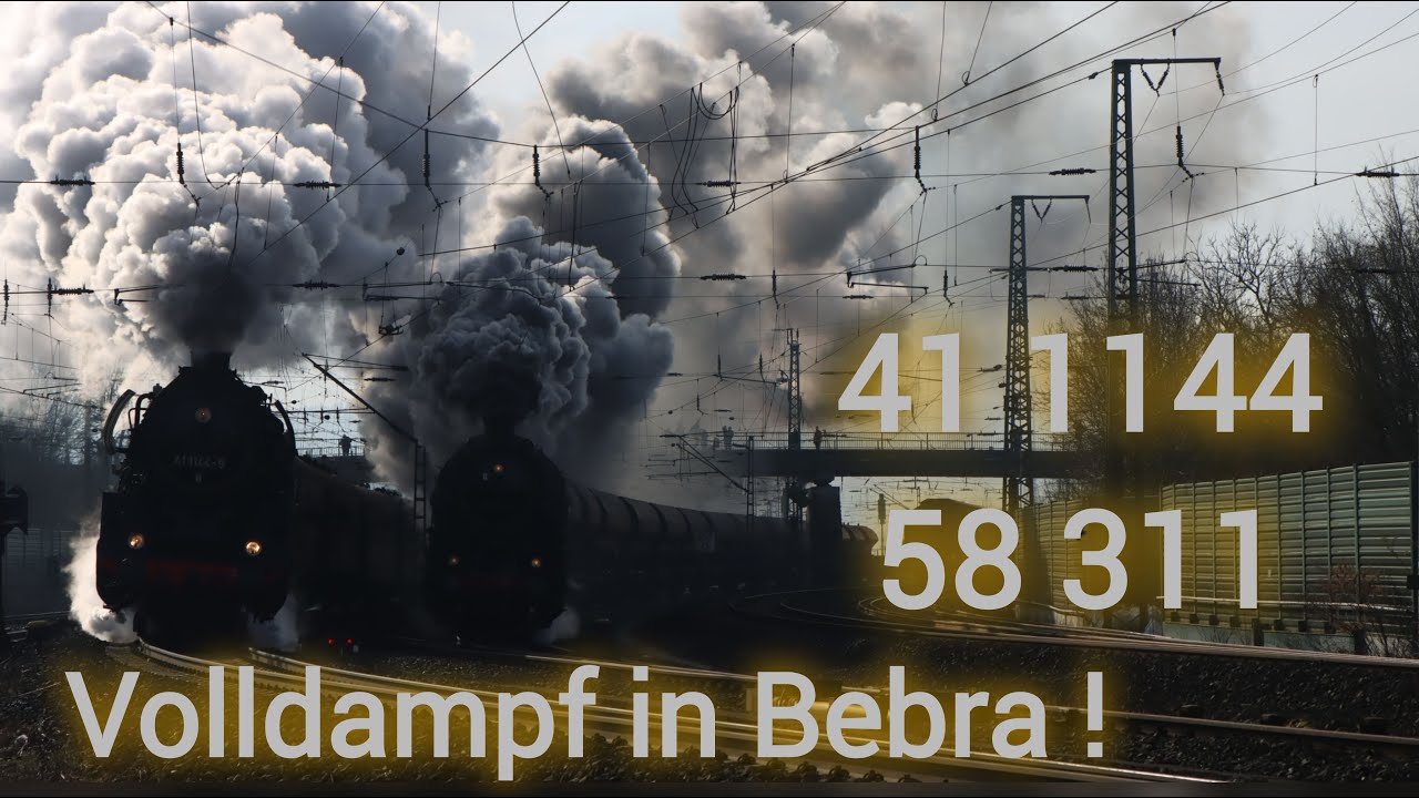 Zwei Loks geben Volldampf in Bebra, 41 1144 und 58 311 am 09.03.2024 in der Eisenbahnerstadt