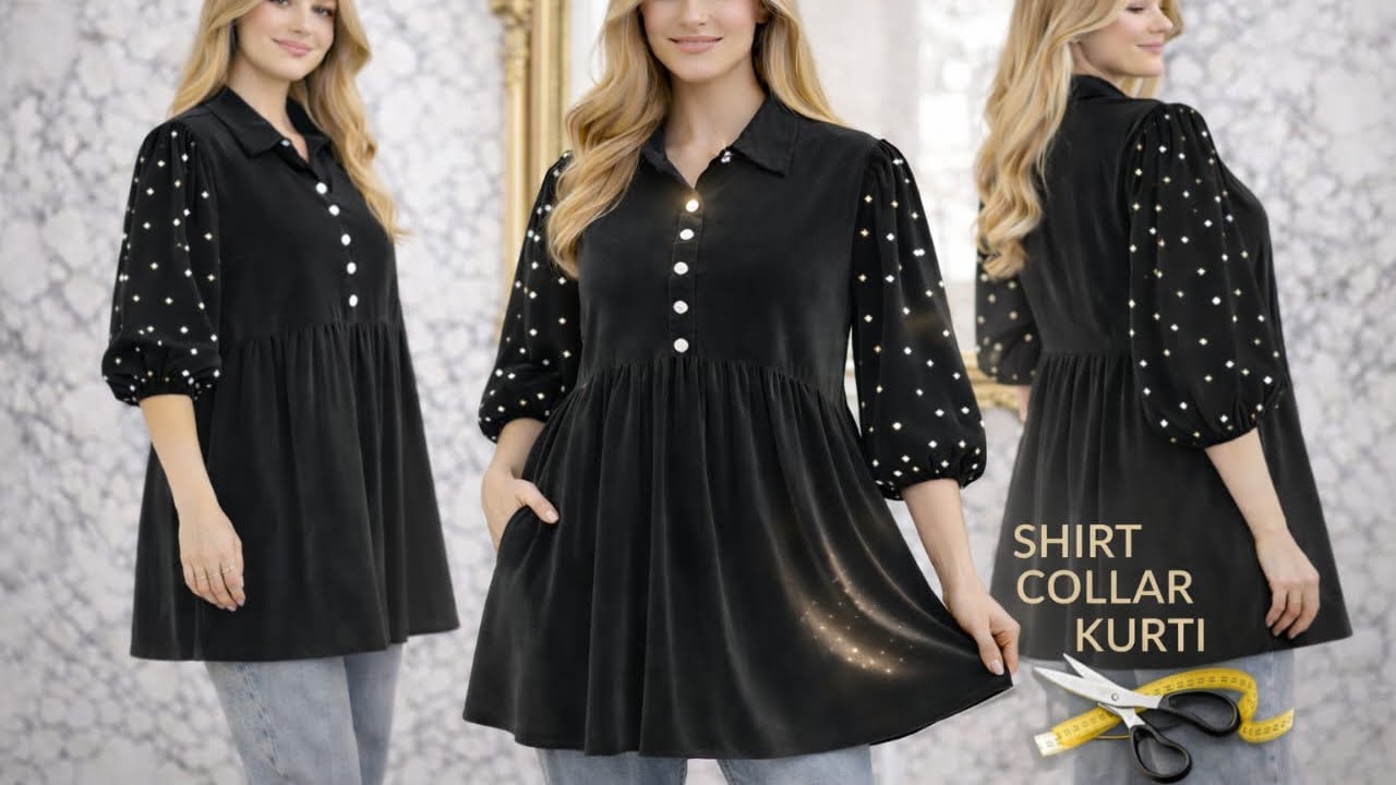 Viral🔥Shirt Collar short kurti Cutting and stiching | shirt collar Top/ velvet Short kurti / Top diy