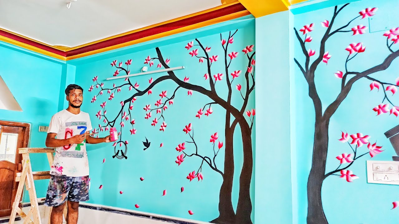 Tree wall painting design tutorial || simple wall decorations
