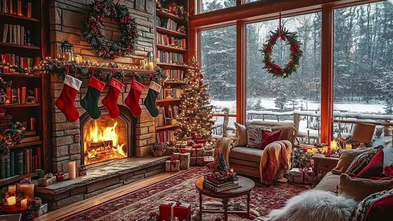 Winter Cabin Night Ambience | Soft Fireplace Glow and Snowy Storm for Deep, Calm Sleep