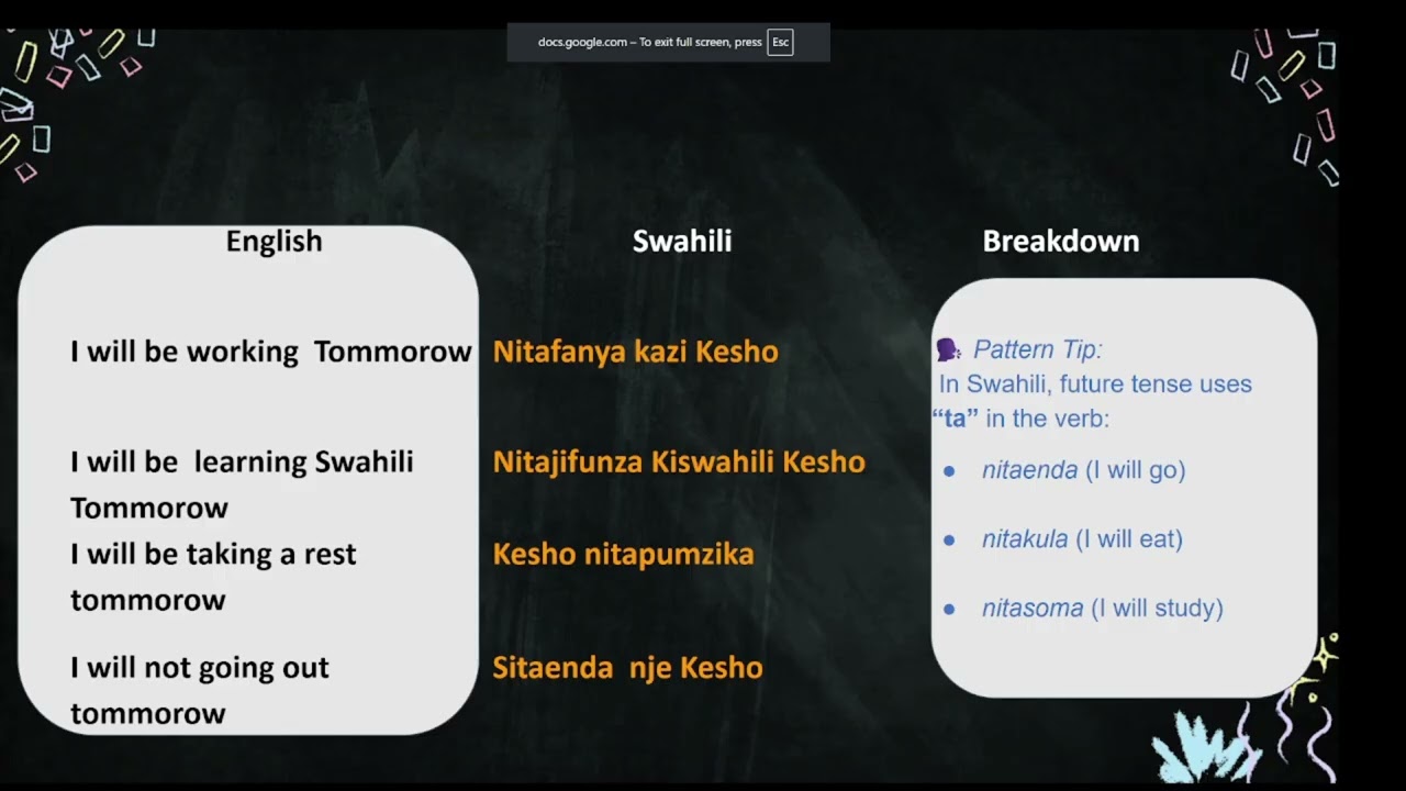 learn swahili patterns of yesterday, Today and Tom