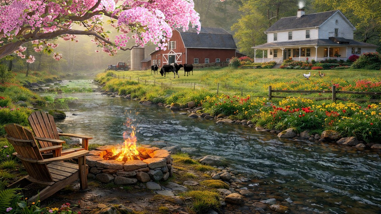 Spring Riverside Relaxation at the Farm: Cozy Crackling Fire Pit with Soothing Nature Sounds