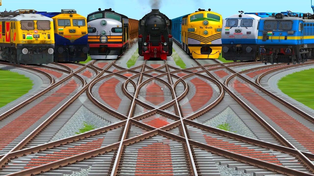 🔆Seven Trains Crossing At Bumpy Curves Tracks | Curved Railroad Junctions | train gameplay 