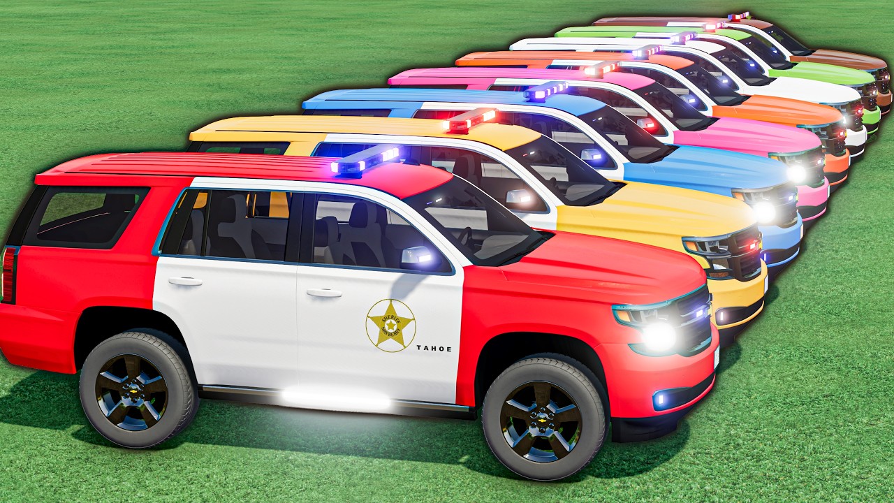 tiny vs GIANT! ALL COLORFUL POLICE CARS! Big Mercedes Trucks Transport & Mega Colorful Ramp