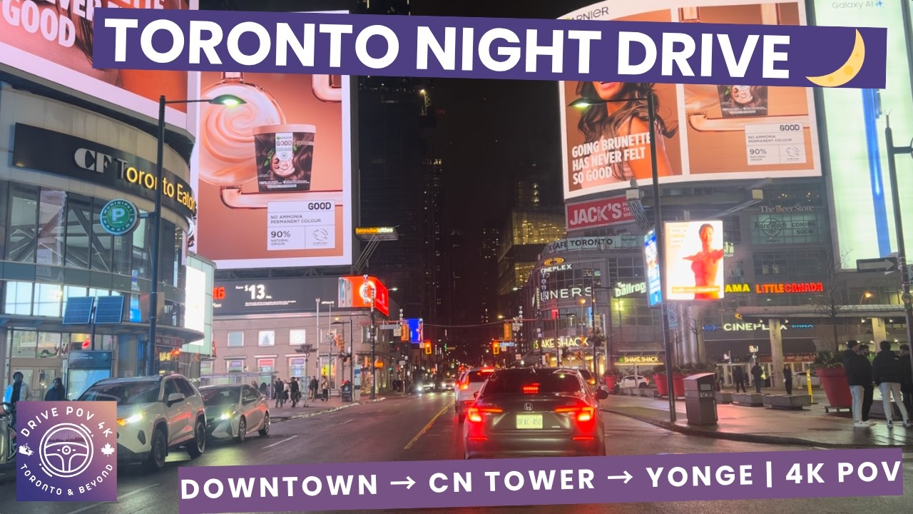 Toronto Night Drive Downtown 4K 🇨🇦 | CN Tower, Yonge St, Sankofa Square | POV Driving