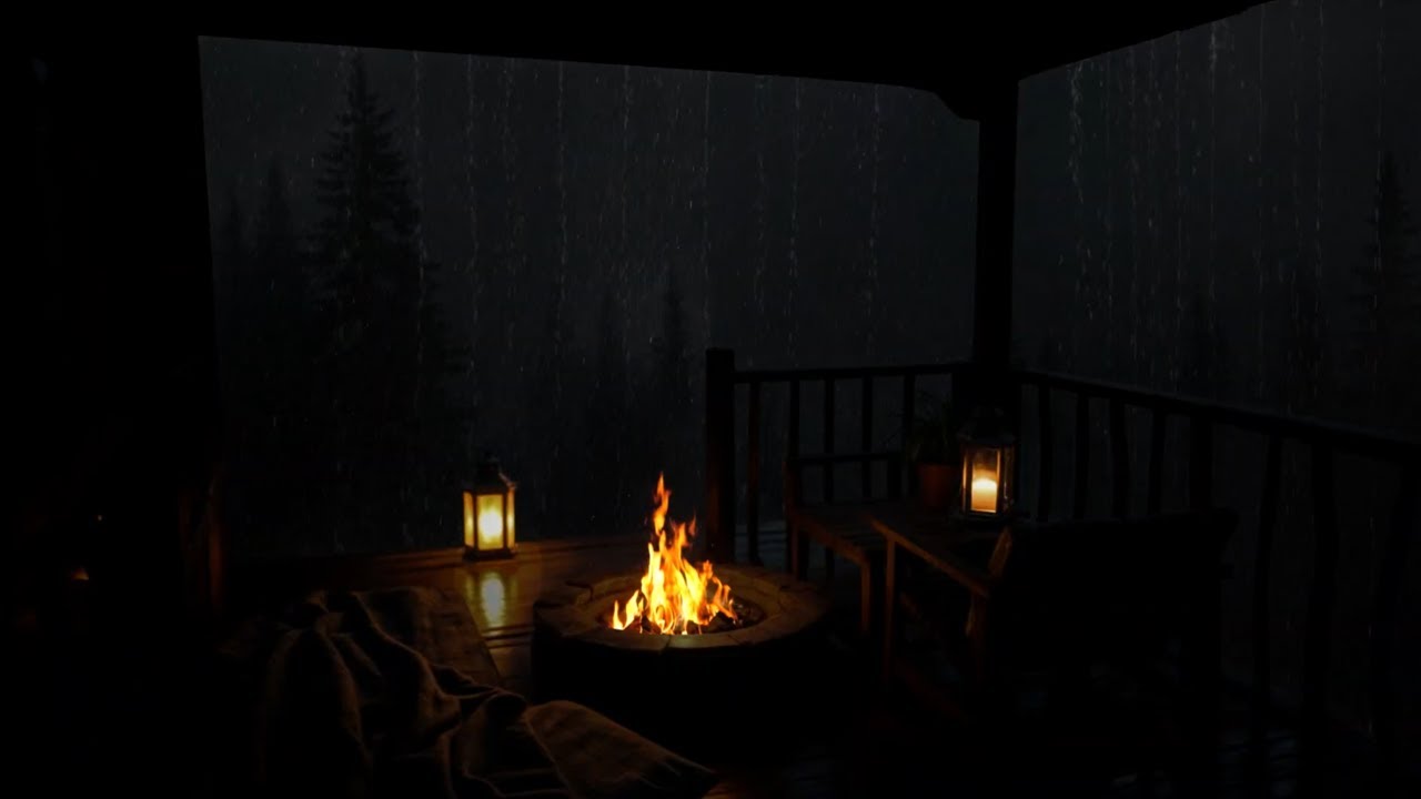 Warm Fire Pit on the Cabin Porch 🔥 Soft Lamp Light | Calm Night Ambience for Relaxing