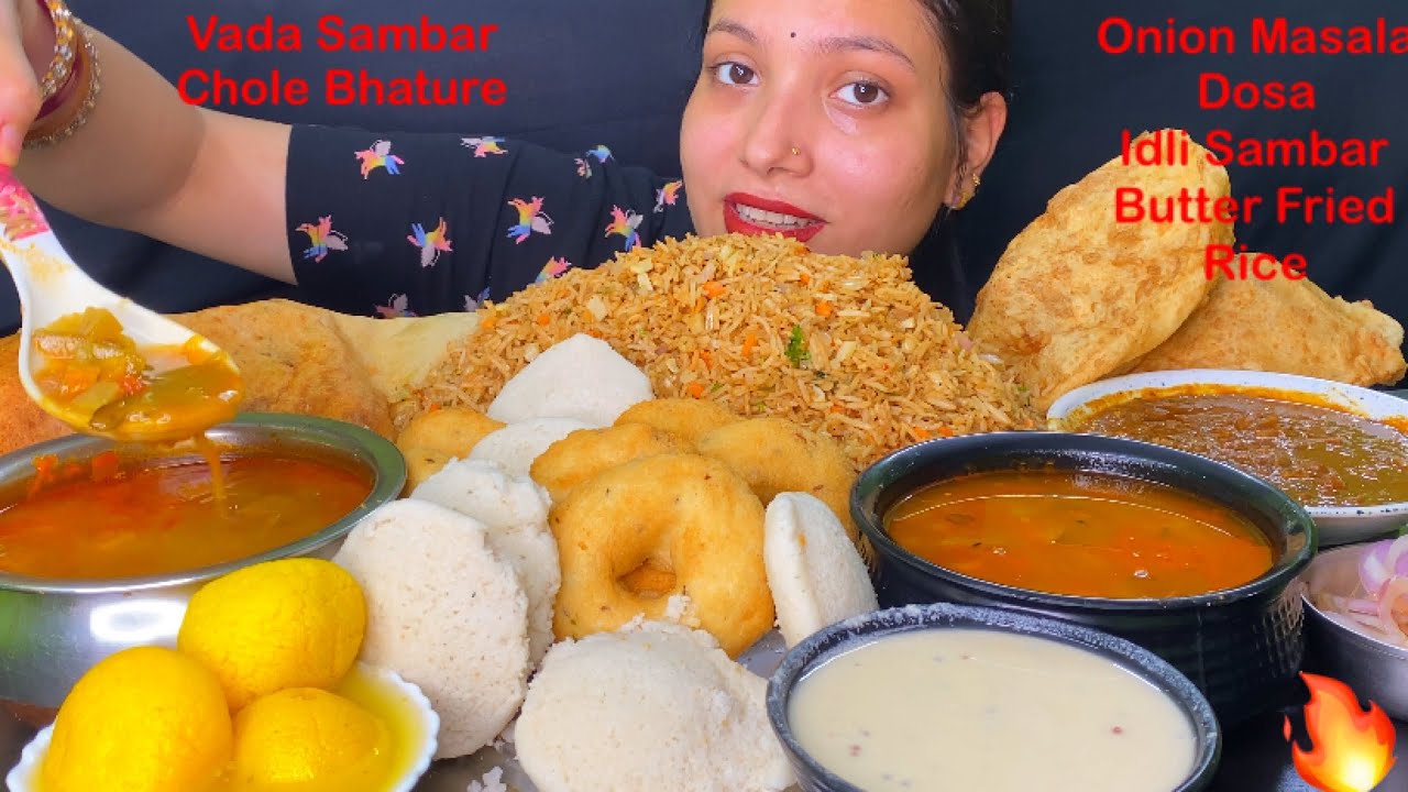 Eating Butter Fried Rice, Sambar, Onion Masala Dosa, IDlI Sambar Vada Sambar, Spicy 🔥 Chole Bhature