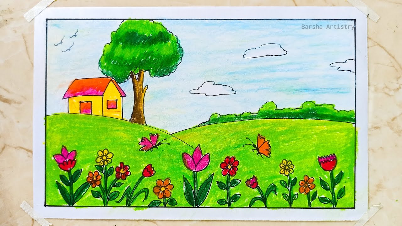 How to Draw an Easy Beautiful Flower Garden | Spring Season Drawing | ফুলের বাগান আঁকা | Fuler Bagan