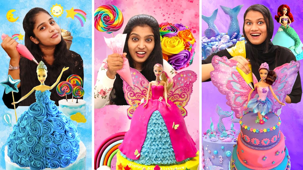 3 BARBIE CAKE DECORATING CHALLENGE 🤩 | വാശിയേറിയ ബാർബി ഡോള്‍ കേക്ക് DECORATING ചലഞ്ച് | PULLOTHI