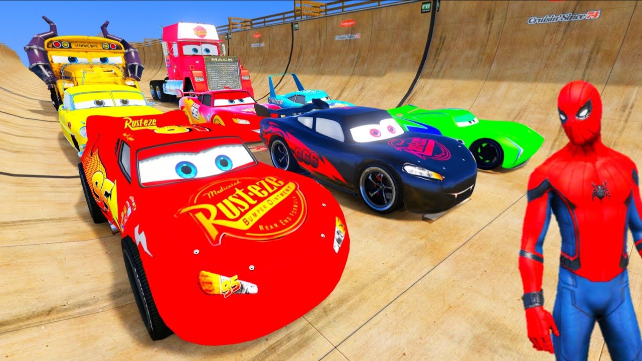 🚗GTA V Spiderman McQueen Cars 2 Vs Mack Truck Mega Ramp - Superheroes car Racing ep.7
