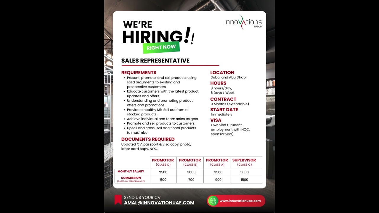 Hiring Sales Representative | Dubai Jobs | Abu Dhabi jobs