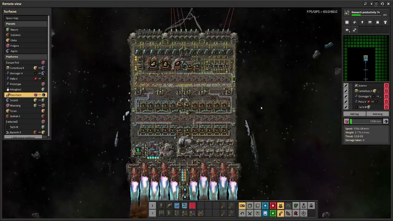 Factorio Space Age - 2040 km/s Platform: Making the Fastest Ship Possible with Thruster Stacking
