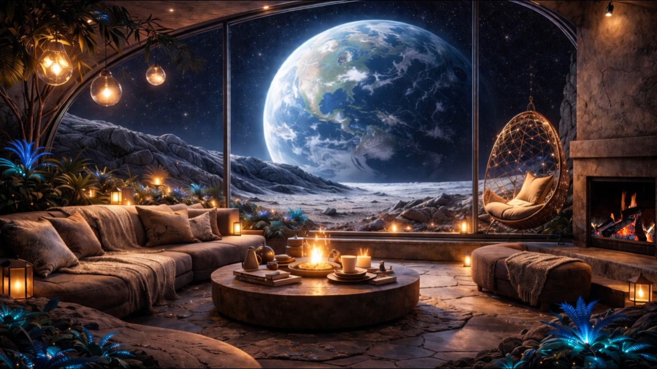 Earth From The Moon – Luxury Cozy Space Room | 24/7 Relaxing Fireplace Ambience