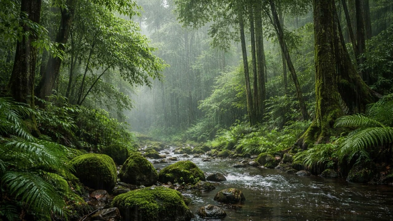 Rain falling in the forest. (1 hour) 4K 